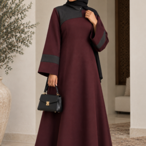 Burgundy and Charcoal Abaya Jacket Dress, Modest Long Sleeve Muslim Women’s Maxi Dress