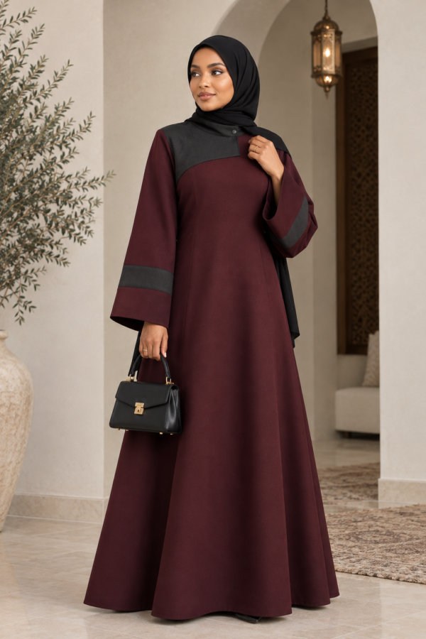 Burgundy and Charcoal Abaya Jacket Dress, Modest Long Sleeve Muslim Women’s Maxi Dress
