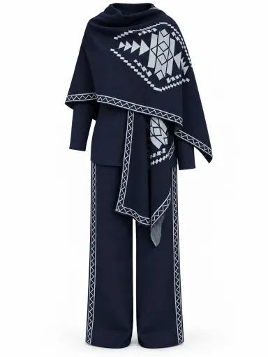 Women’s 3 Piece Knit Set, Elegant Trousers and Bodysuit Outfit with Matching Shawl, Modest Chic Two-Piece Look, One Size