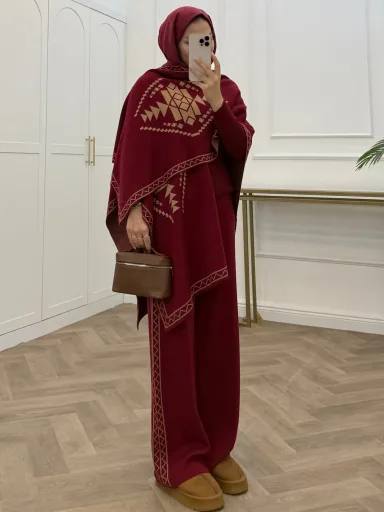 Women’s 3 Piece Knit Set, Elegant Trousers and Bodysuit Outfit with Matching Shawl, Modest Chic Two-Piece Look, One Size
