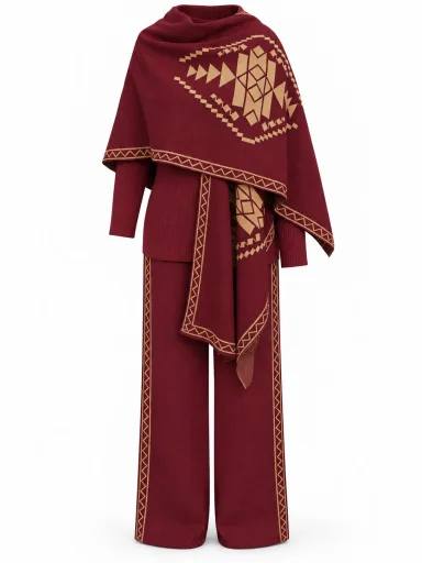 Women’s 3 Piece Knit Set, Elegant Trousers and Bodysuit Outfit with Matching Shawl, Modest Chic Two-Piece Look, One Size
