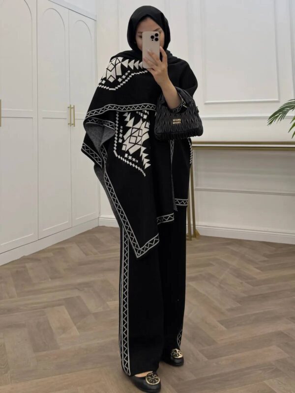 Women’s 3 Piece Knit Set, Elegant Trousers and Bodysuit Outfit with Matching Shawl, Modest Chic Two-Piece Look, One Size