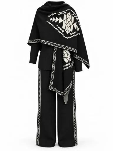 Women’s 3 Piece Knit Set, Elegant Trousers and Bodysuit Outfit with Matching Shawl, Modest Chic Two-Piece Look, One Size