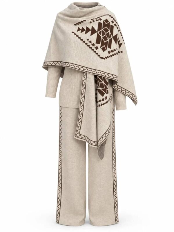 Women’s 3 Piece Knit Set, Elegant Trousers and Bodysuit Outfit with Matching Shawl, Modest Chic Two-Piece Look, One Size